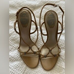 Rene Caovilla Gold Crystal-Strap Open-Toe Heels